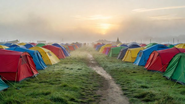 Avenues of colorful tents on green grass in the early morning mist at a European festival