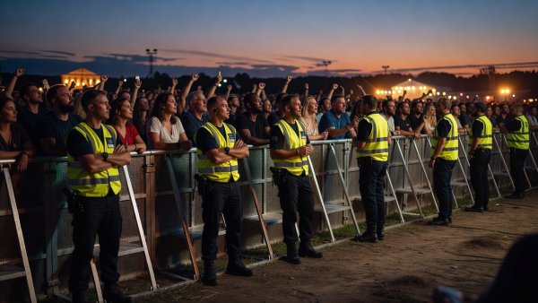 Festival security stewards stationed inside the pit barrier overseeing audience members