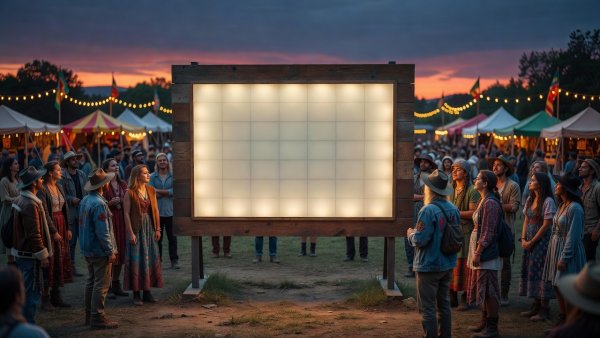 Festival attendees consulting an illuminated stage schedule board at dusk