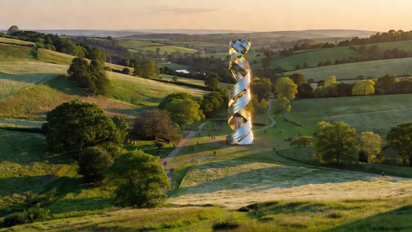 View of the Park area and Ribbon Tower overlooking Worthy Farm valley