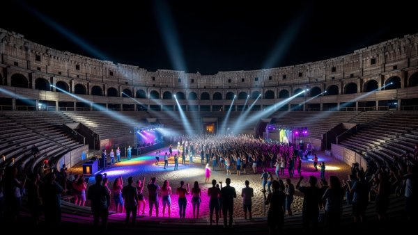 Intense lighting at the open-air wooden Colosseum arena on Obuda Island