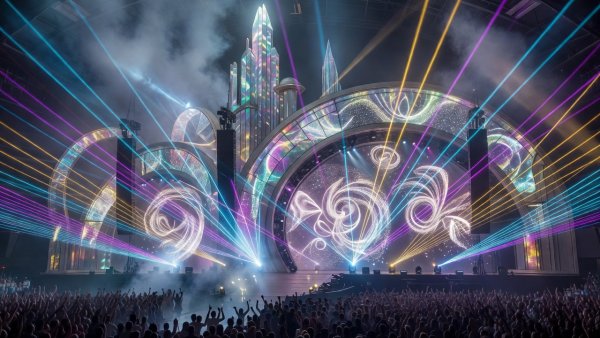 Spectacular indoor stage structure with laser projections at Tomorrowland